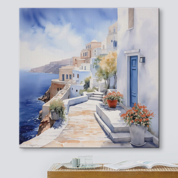 Watercolor painting of a white building with blue doors and flowers on a cliff Watercolor painting of a white building with blue doors and flowers on a cliff