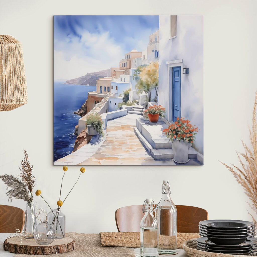 Watercolor painting of a white building with blue doors and flowers on a cliff