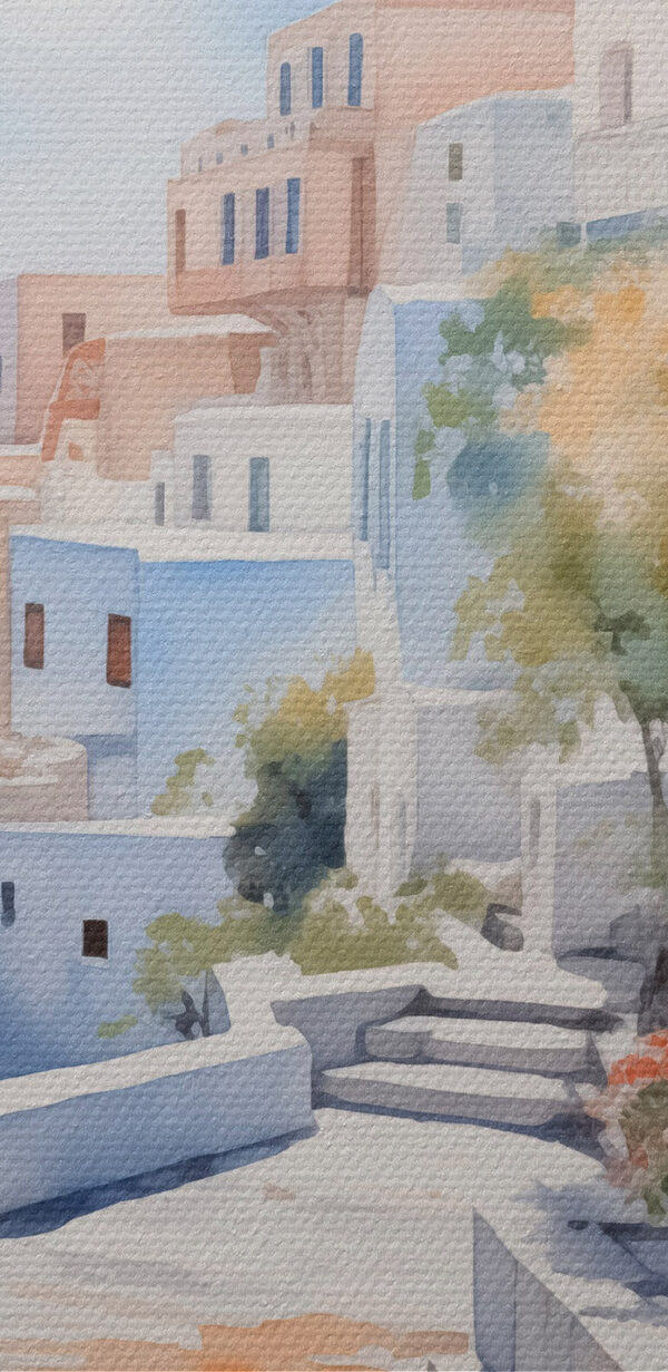 Watercolor painting of a white building with blue doors and flowers on a cliff Watercolor painting of a white building with blue doors and flowers on a cliff
