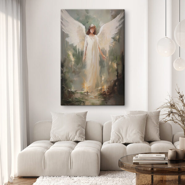 Painting of a woman in a white dress with wings