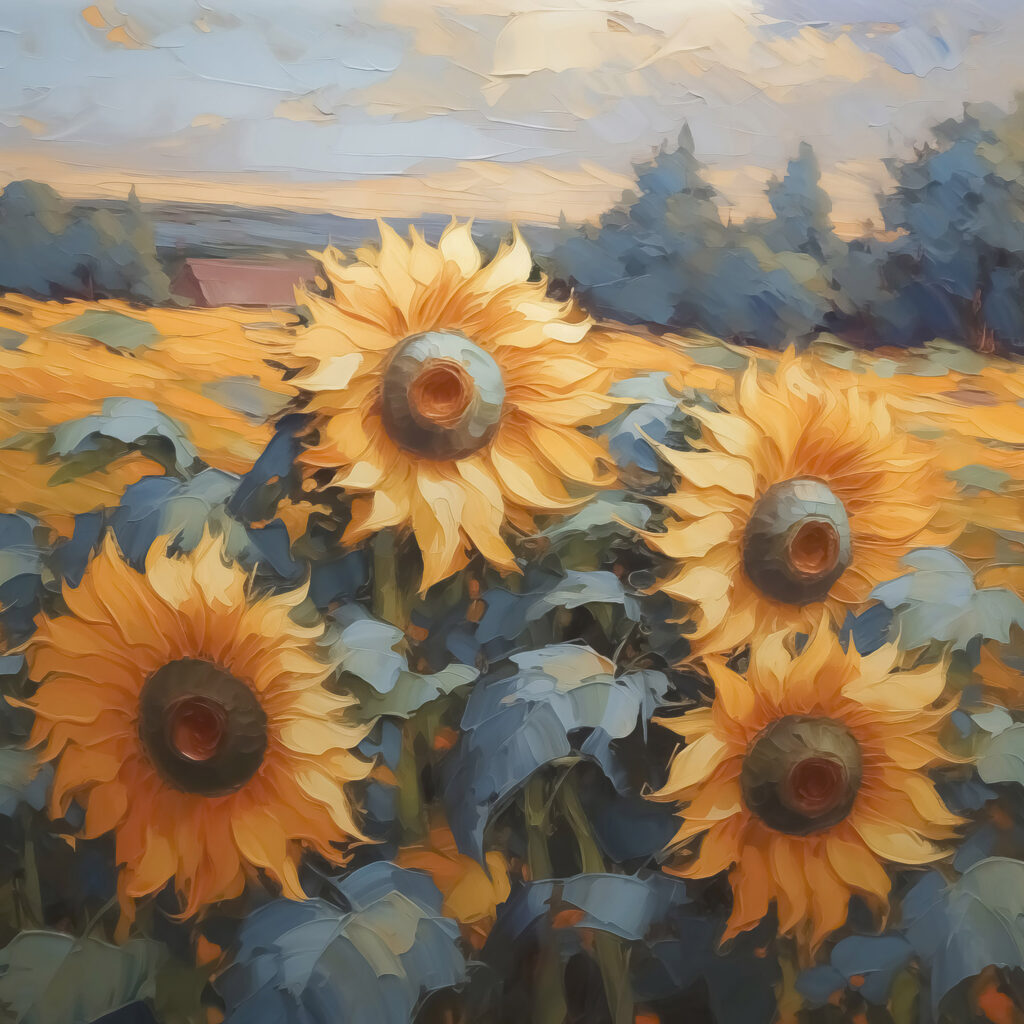 Painting of sunflowers in a field
