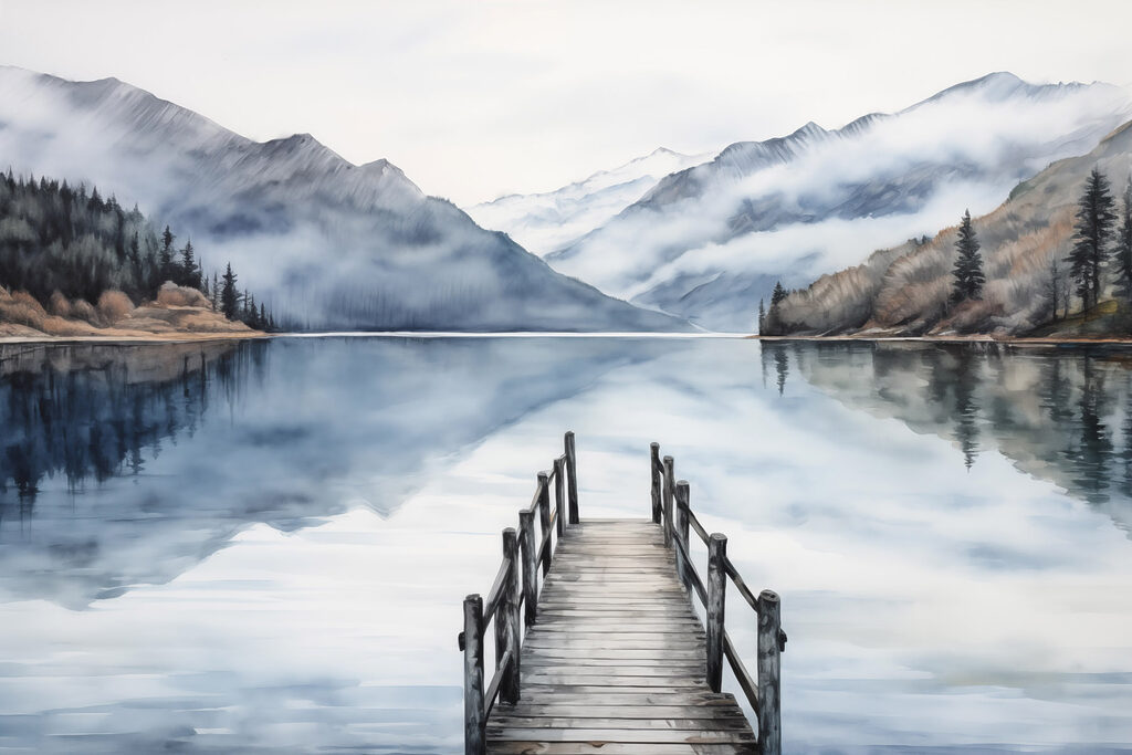 Watercolor of a dock on a lake with mountains in the background
