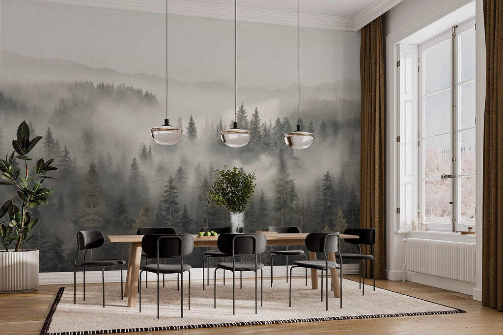 Forest with fog and mountains Forest with fog and mountains