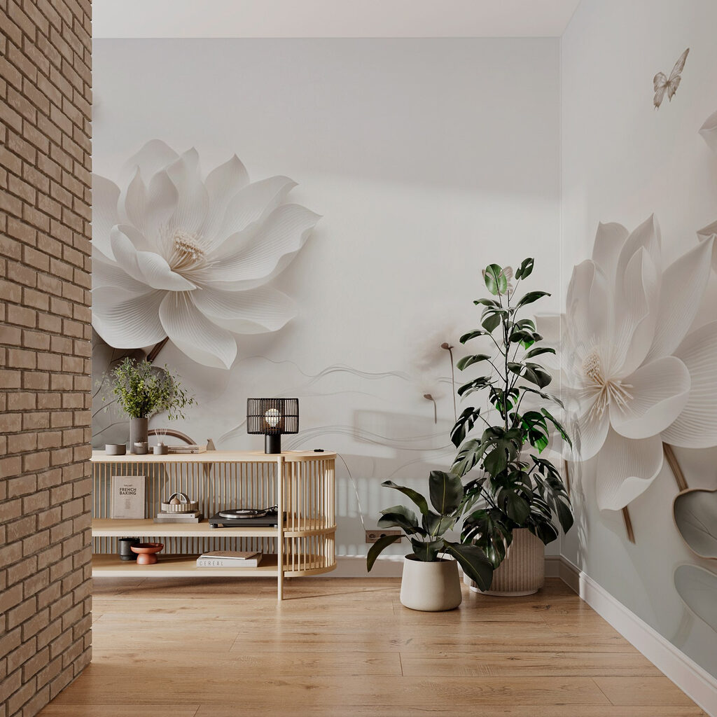 White paper flowers and butterflies on a white surface