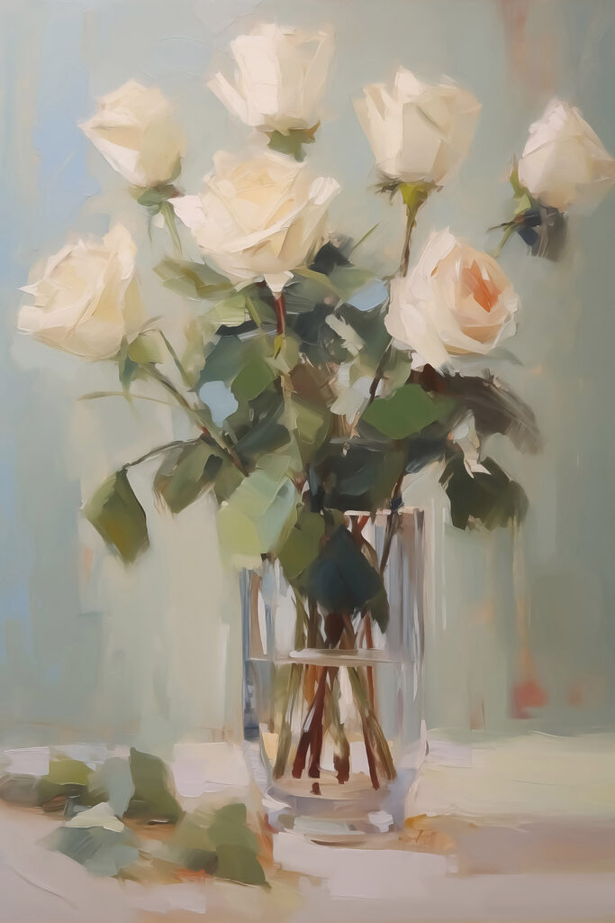 Painting of a vase of white roses