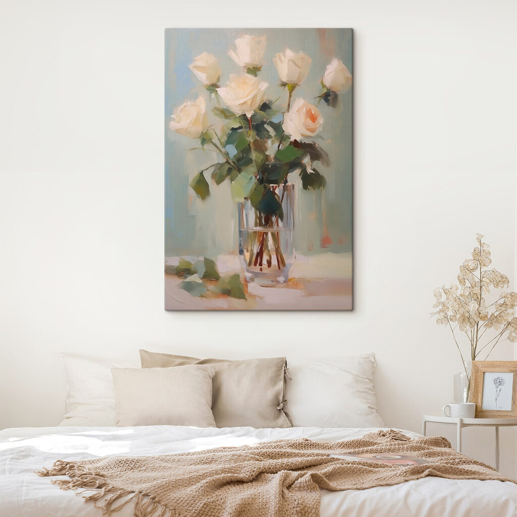 Painting of a vase of white roses