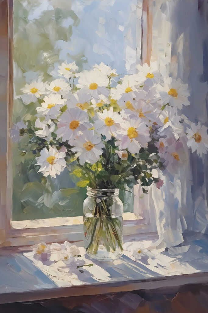 Painting of flowers in a glass jar