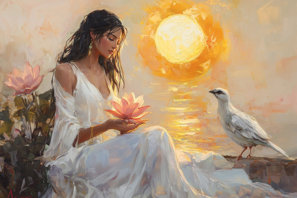 Painting of a woman holding a flower and a bird Painting of a woman holding a flower and a bird