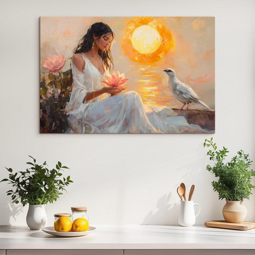 Painting of a woman holding a flower and a bird Painting of a woman holding a flower and a bird