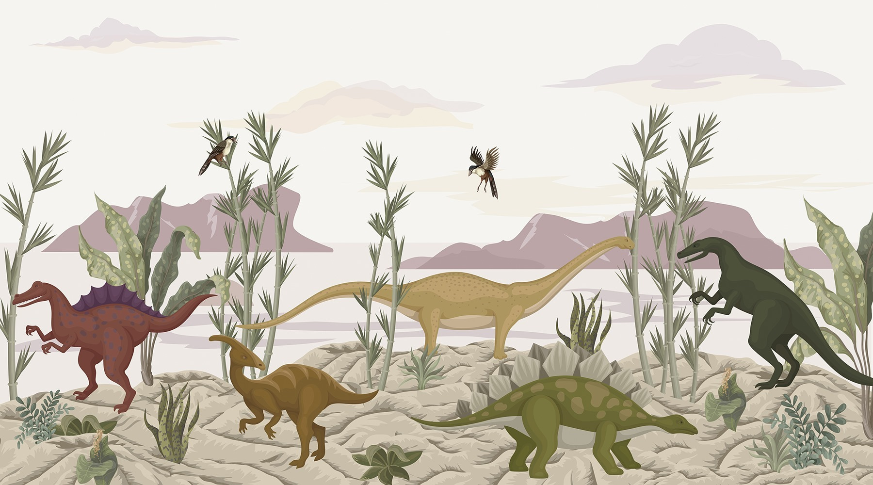 Group of dinosaurs in a desert