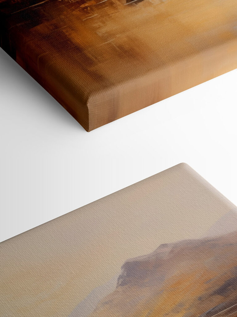 Painting of a boat on a lake with mountains in the background