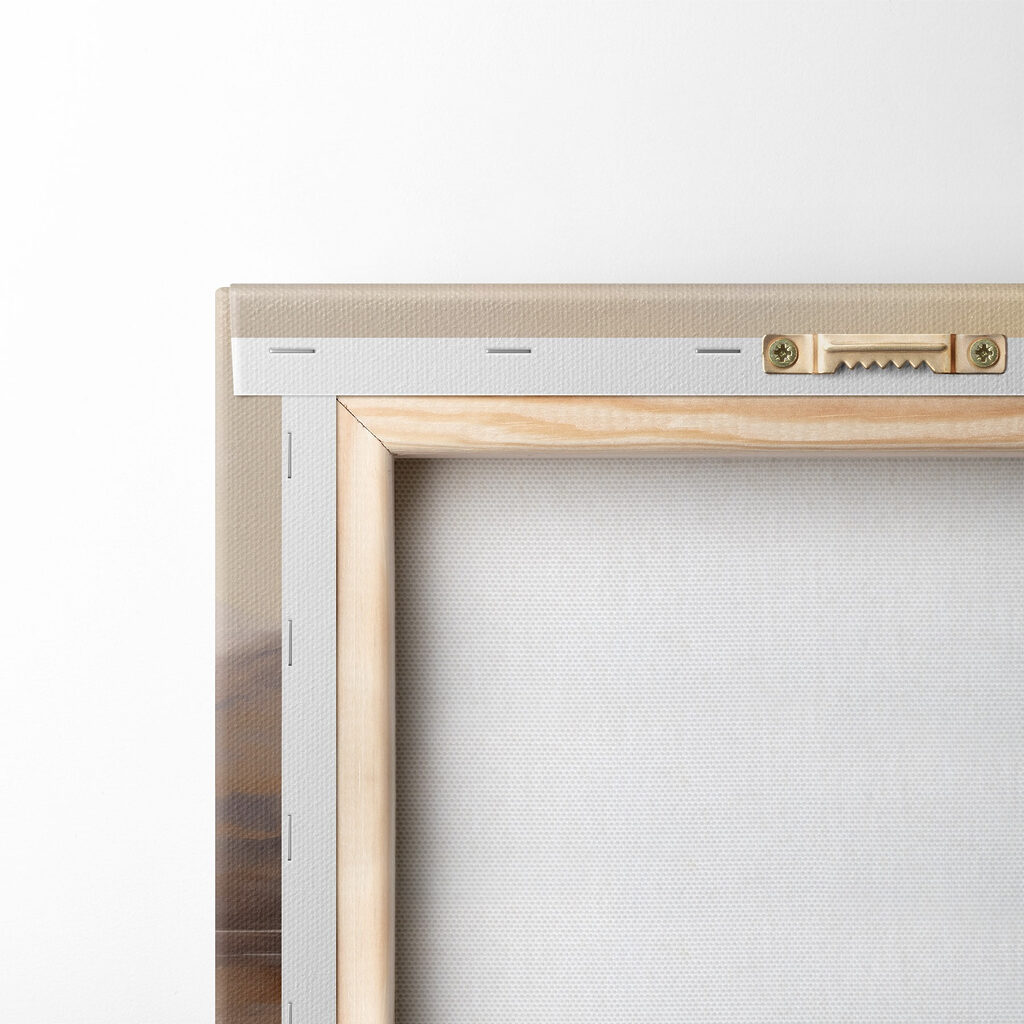 Painting of a boat on a lake with mountains in the background