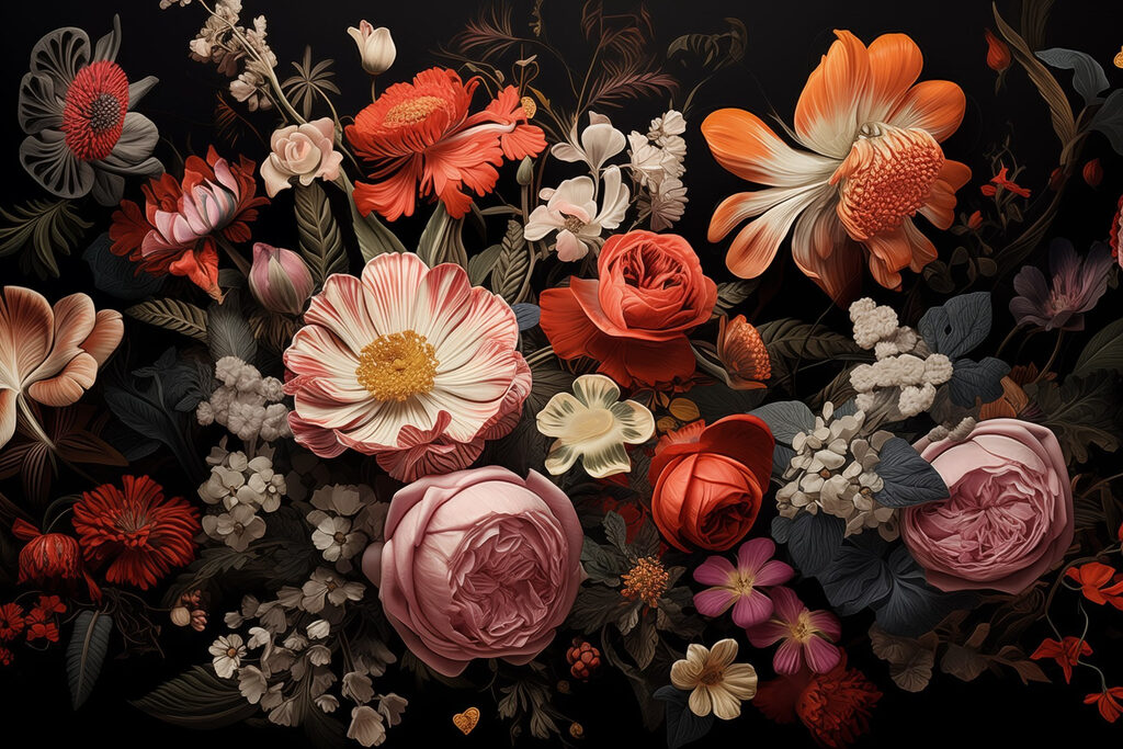 Group of flowers on a black background