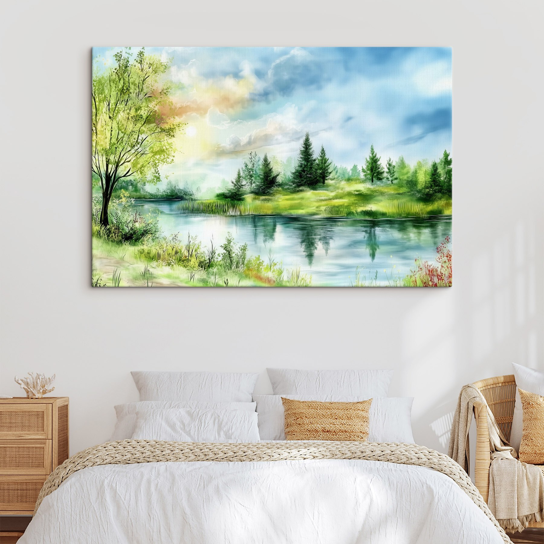 Watercolor painting of a lake with trees and grass Watercolor painting of a lake with trees and grass
