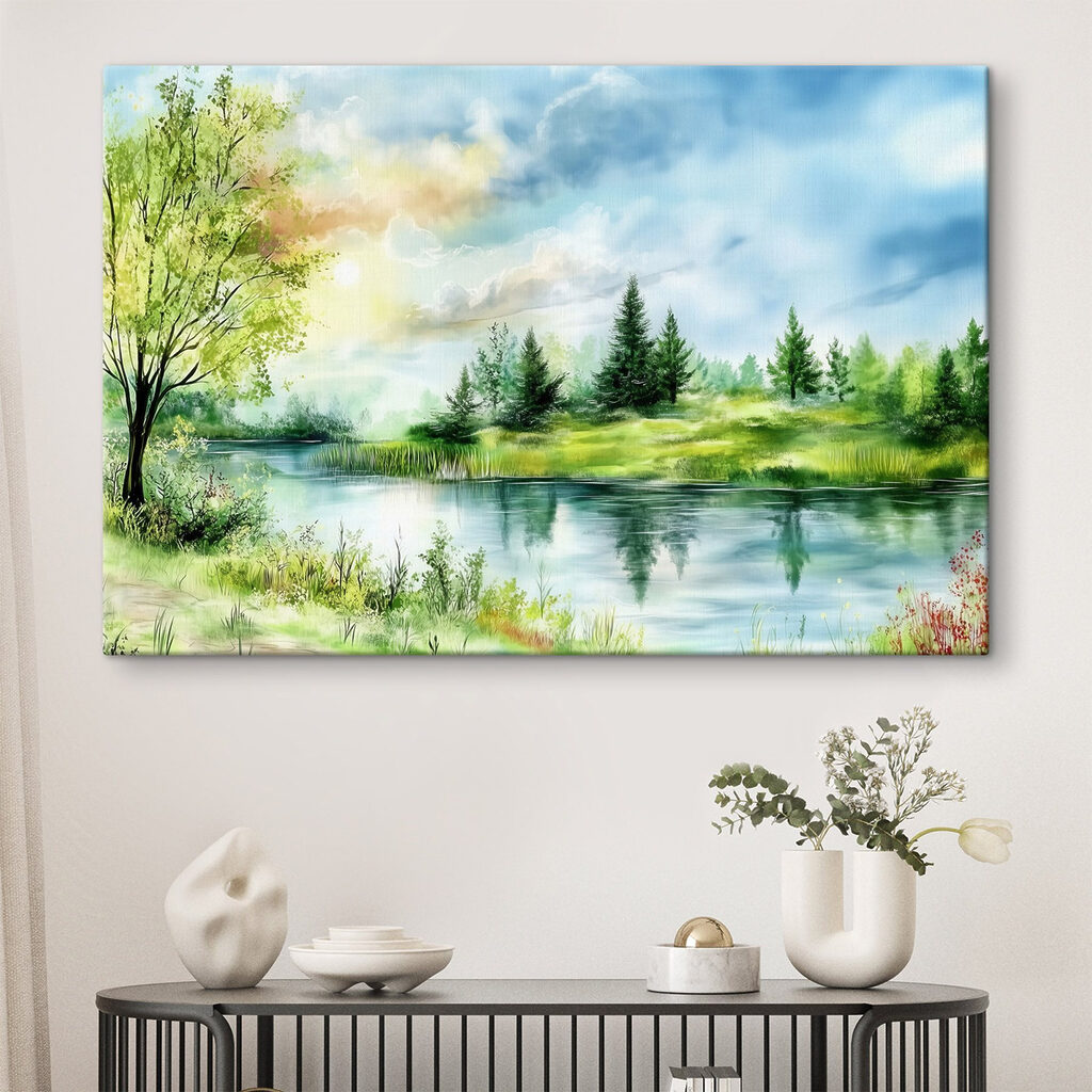 Watercolor painting of a lake with trees and grass Watercolor painting of a lake with trees and grass