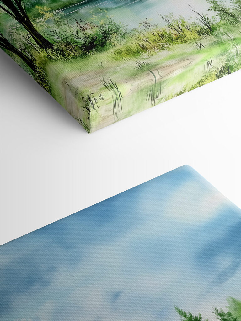 Watercolor painting of a lake with trees and grass Watercolor painting of a lake with trees and grass