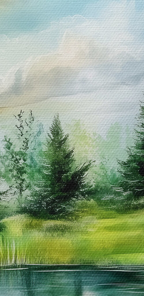 Watercolor painting of a lake with trees and grass Watercolor painting of a lake with trees and grass