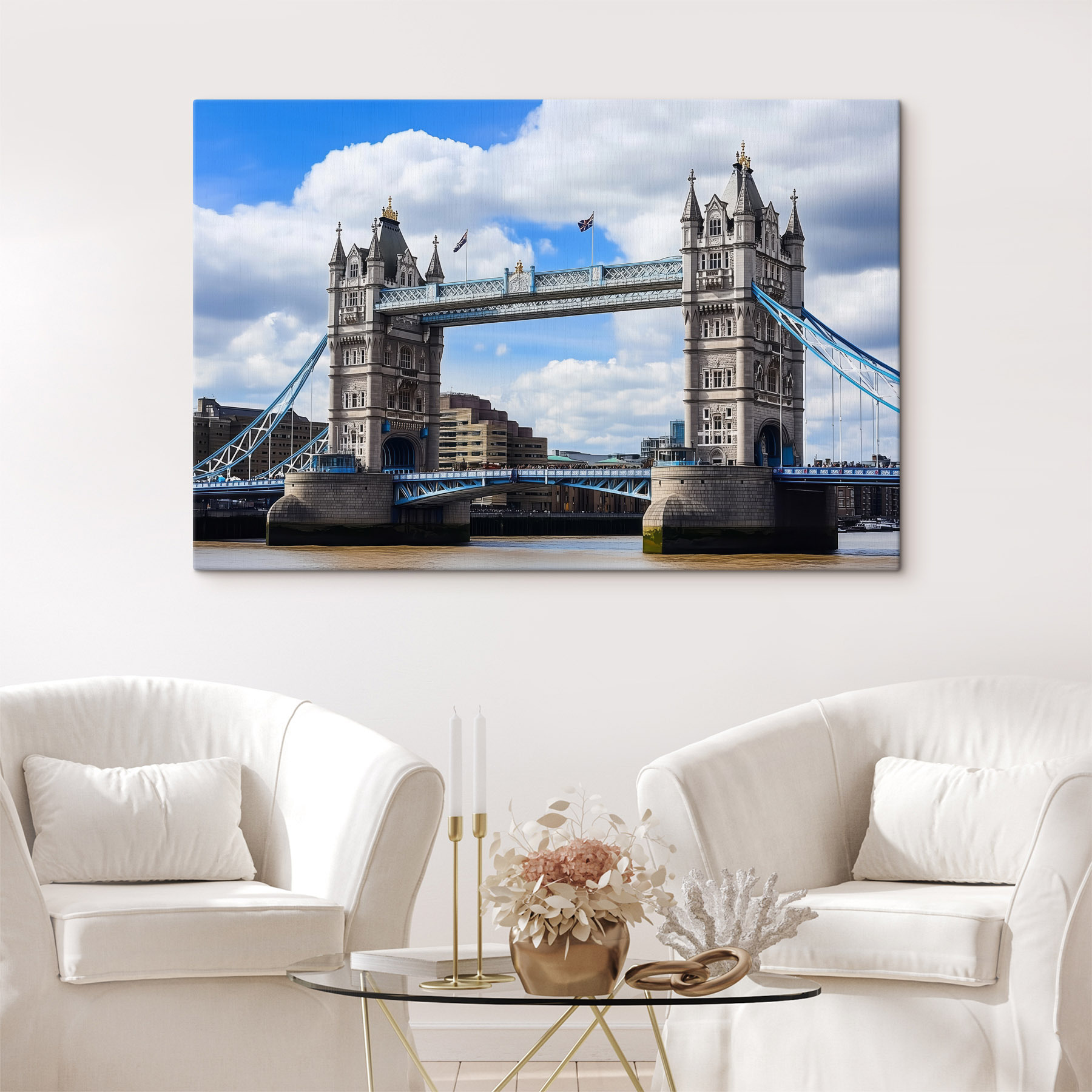 Bridge over water with towers and flags Bridge over water with towers and flags