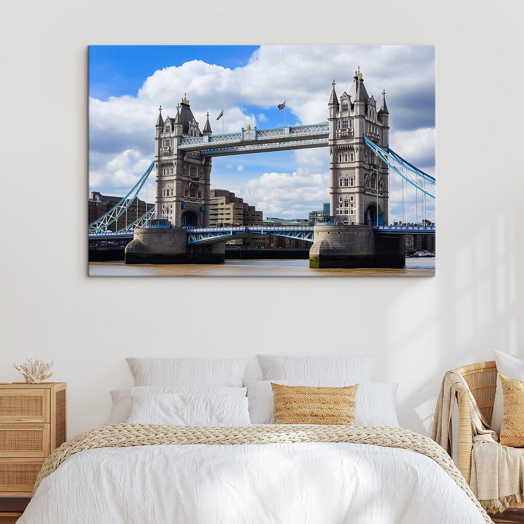 Bridge over water with towers and flags Bridge over water with towers and flags