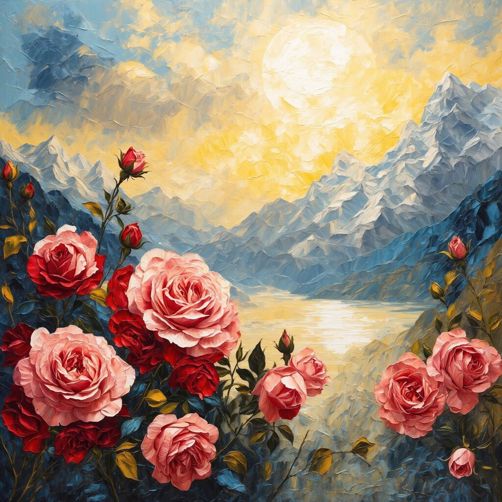 Painting of flowers and mountains Painting of flowers and mountains
