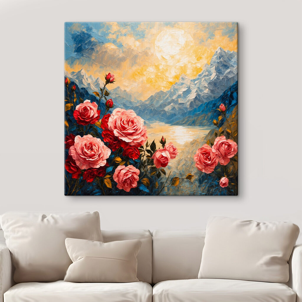 Painting of flowers and mountains Painting of flowers and mountains
