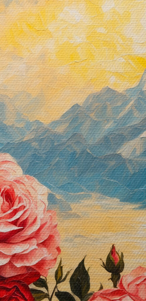 Painting of flowers and mountains Painting of flowers and mountains