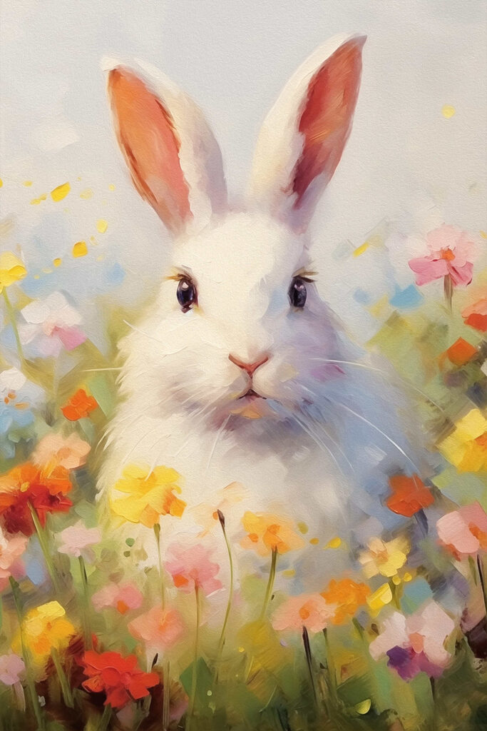 White rabbit in a flower field White rabbit in a flower field