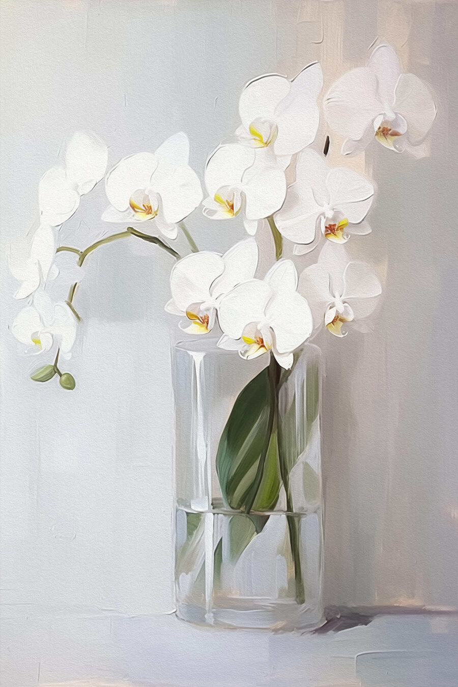 Obraz białej orchidei w szklanym wazonie