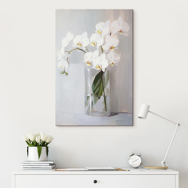 Obraz białej orchidei w szklanym wazonie Obraz białej orchidei w szklanym wazonie