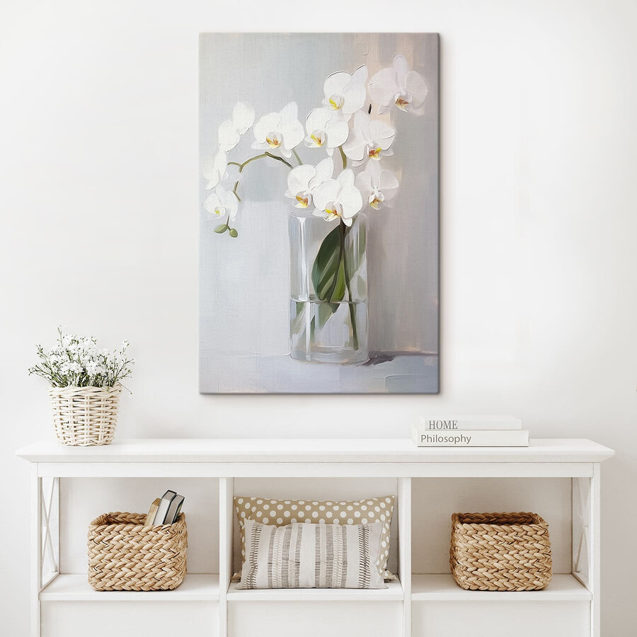 Obraz białej orchidei w szklanym wazonie