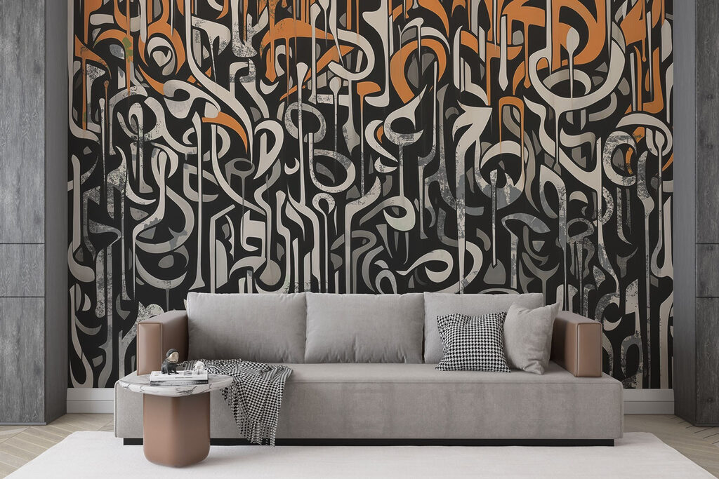 Black and white art with orange and white lines