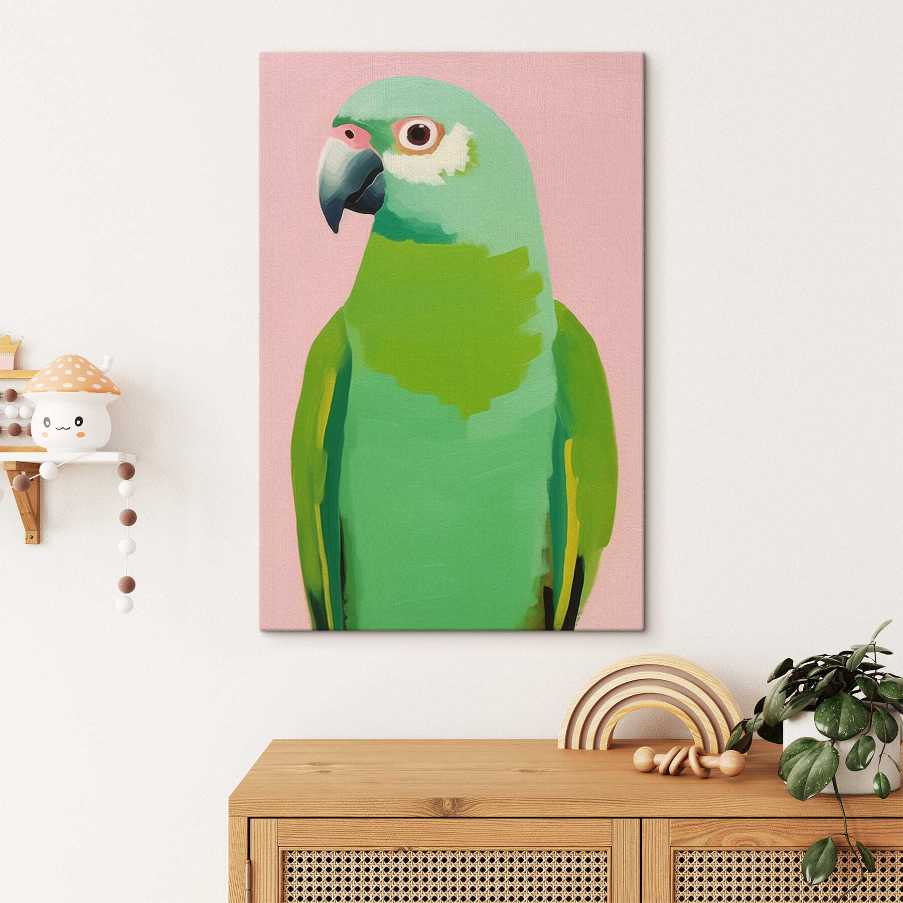 Green parrot with yellow eyes
