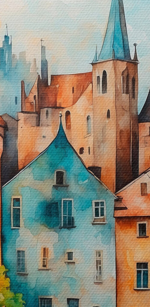 Watercolor of a row of buildings Watercolor of a row of buildings