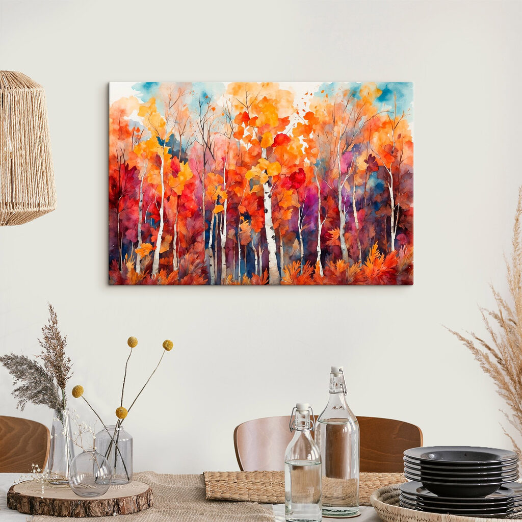 Watercolor painting of trees with orange and purple leaves