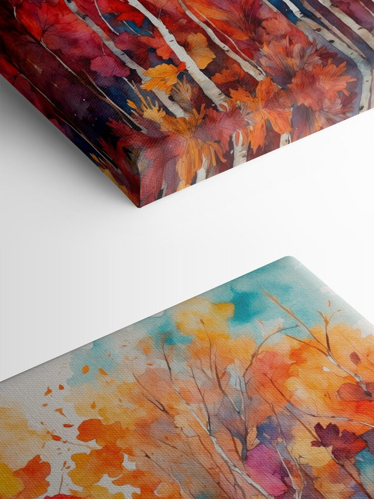 Watercolor painting of trees with orange and purple leaves