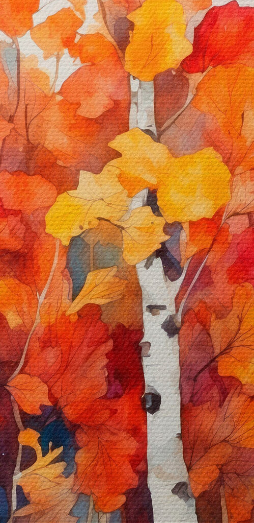 Watercolor painting of trees with orange and purple leaves