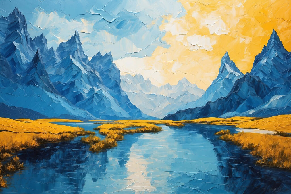 s43449p 1024x683 - Obraz rzeki z górami i trawą - tegory