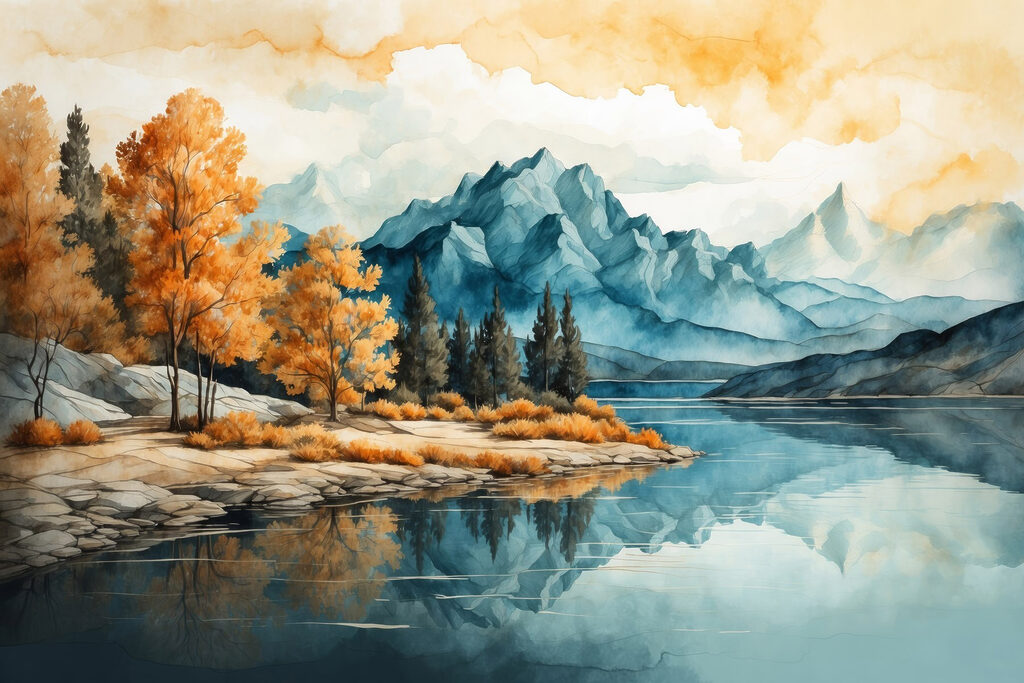 Watercolor painting of a lake with trees and mountains