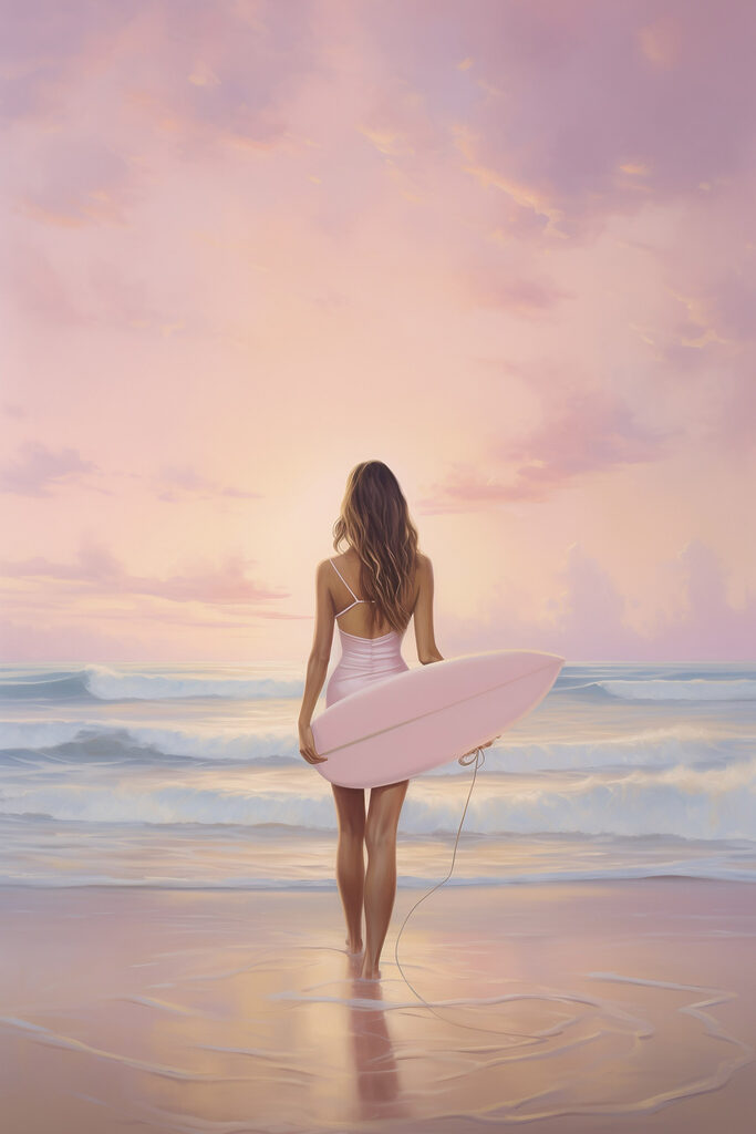 Woman in a swimsuit holding a surfboard on a beach