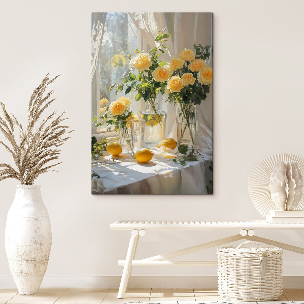 Yellow flowers in vases with lemons