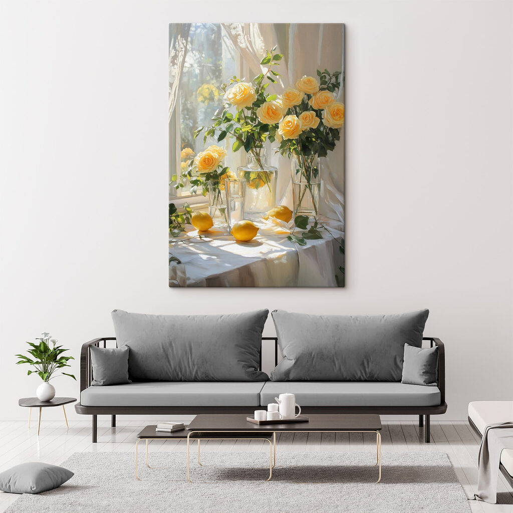 Yellow flowers in vases with lemons