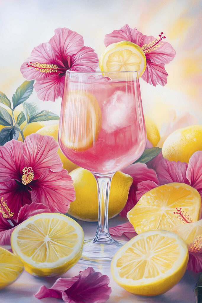 Glass of pink drink with lemons and flowers