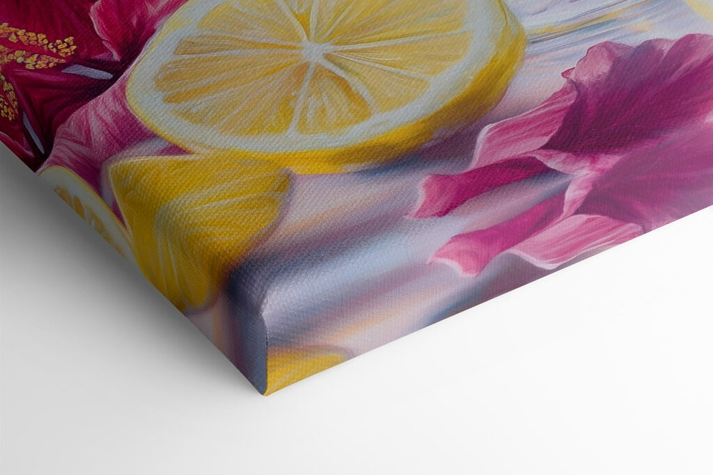 Glass of pink drink with lemons and flowers