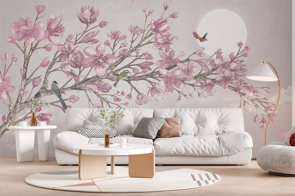 Painting of a branch with pink flowers and birds