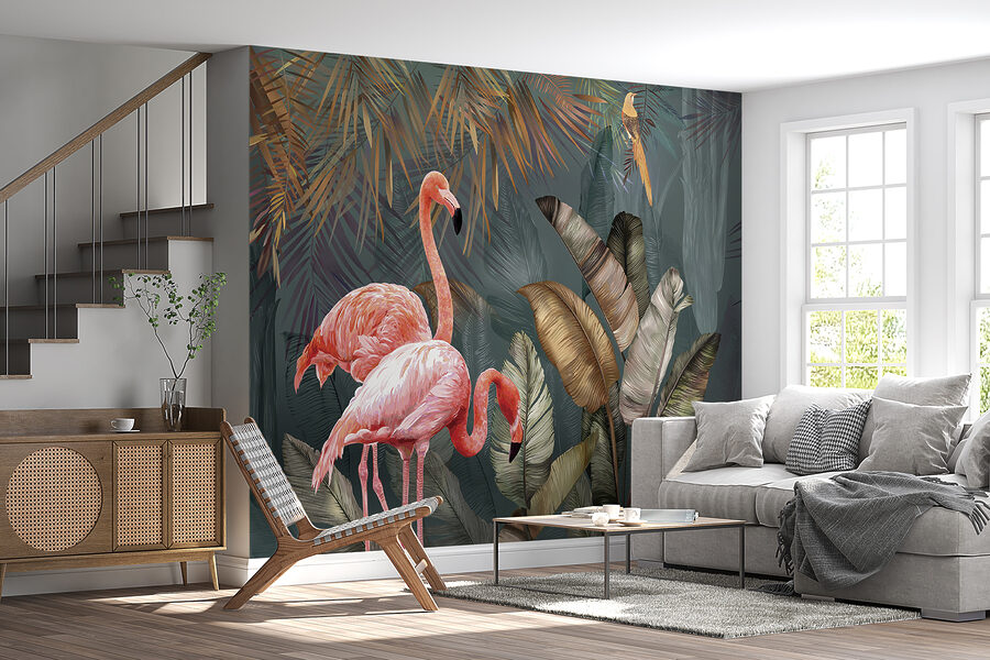 Różowe flamingi i ptak w lesie Różowe flamingi i ptak w lesie