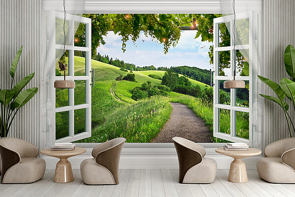 Window with open doors and a path through a grassy field Window with open doors and a path through a grassy field