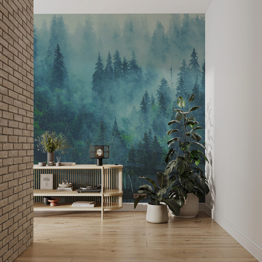 Foggy forest with trees