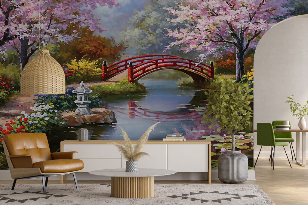 Painting of a pond with a bridge and flowers Painting of a pond with a bridge and flowers