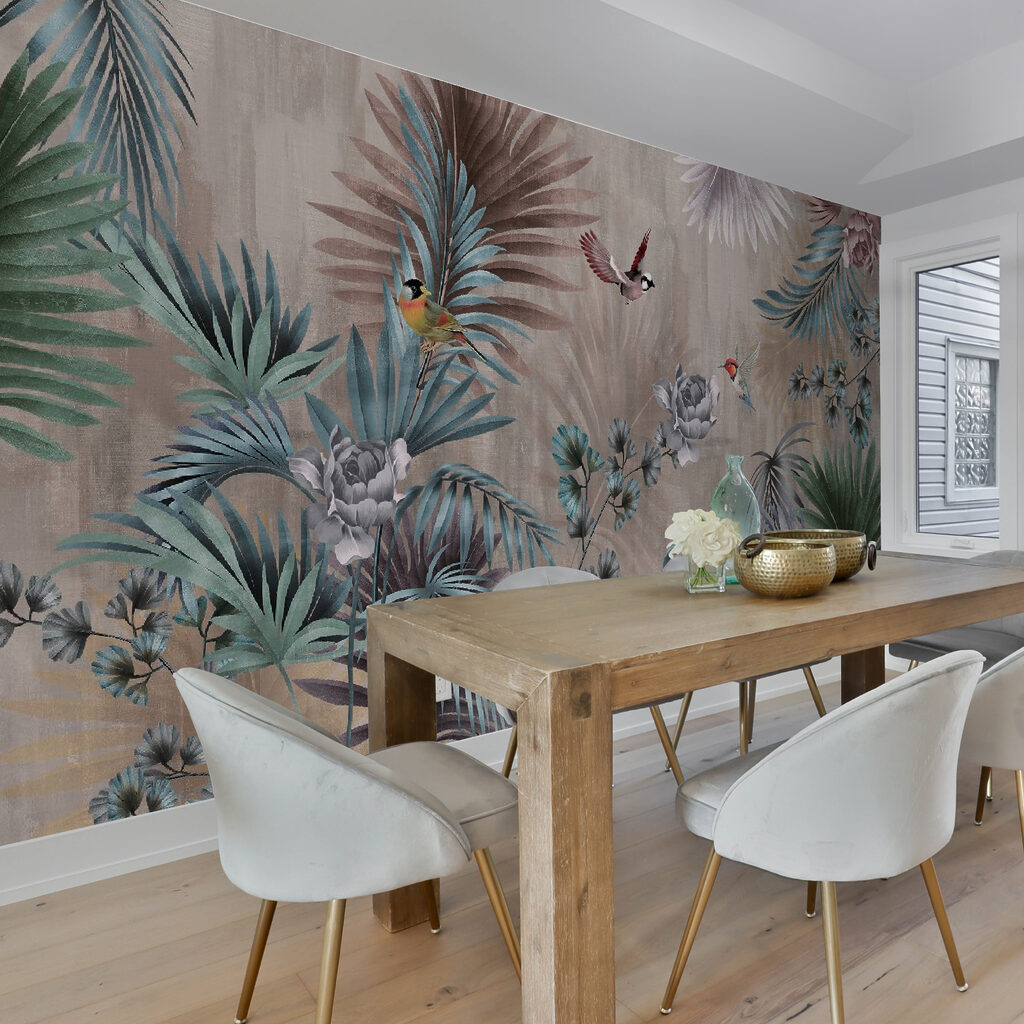 Wallpaper with birds and flowers