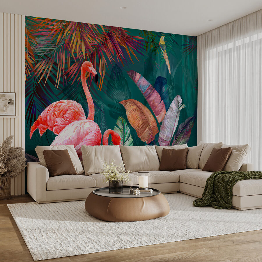 Flamingi i kolorowe liście